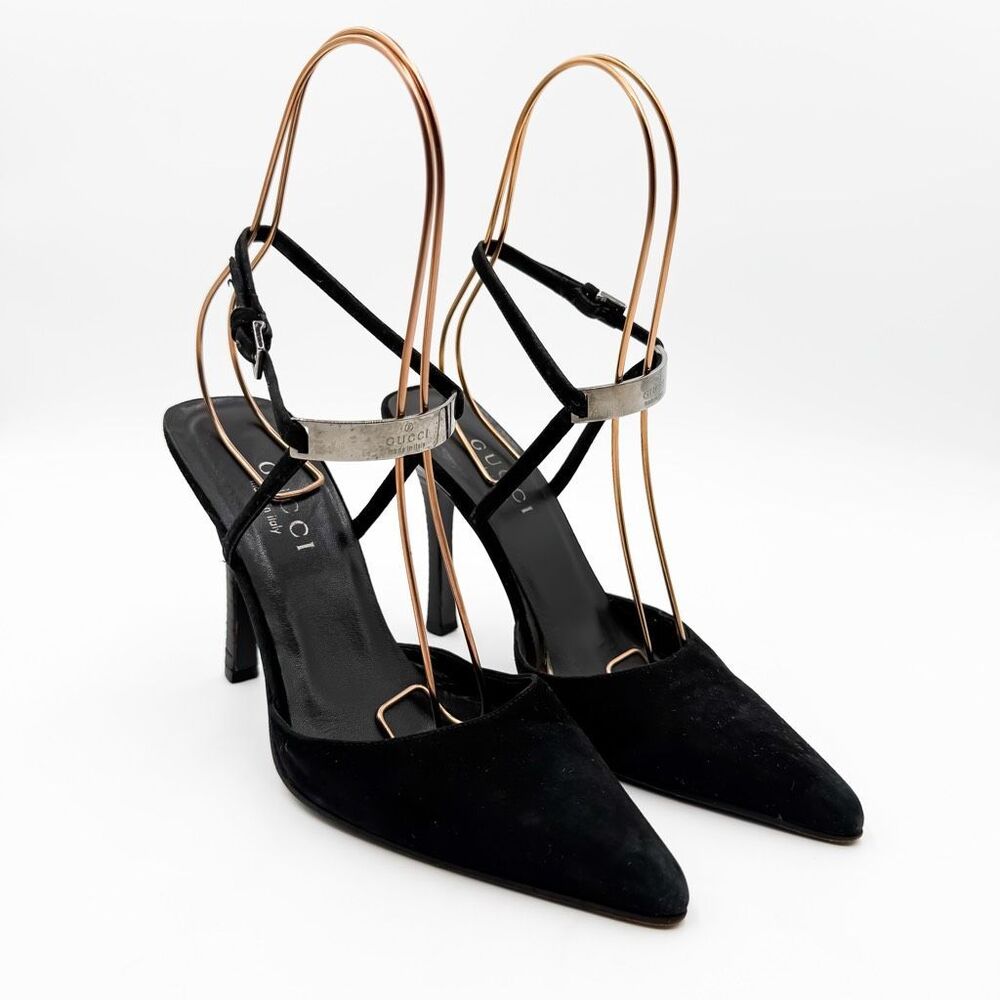 Gucci Black Suede Leather Strappy Heels Pointed Toe Size 7